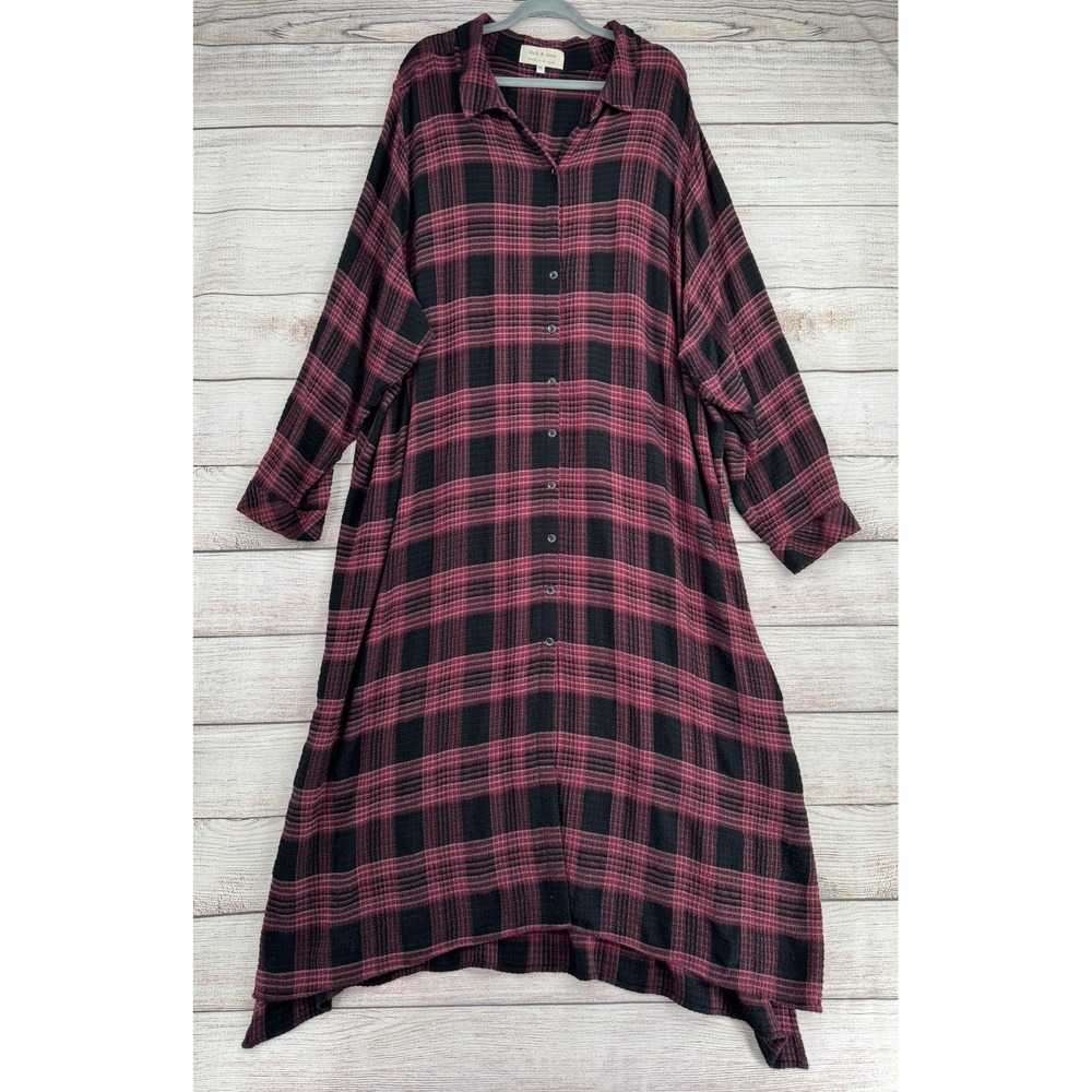 Cloth & Stone Shirt Dress Women 5X Burgundy Plaid Maxi Handkerchief Hem Pockets